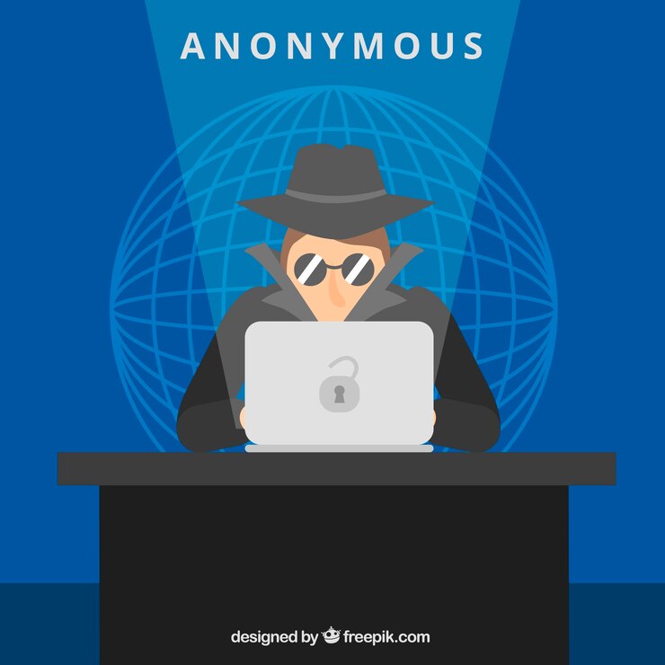 an anonymous hacker sitting at the screen and doing his shady business
